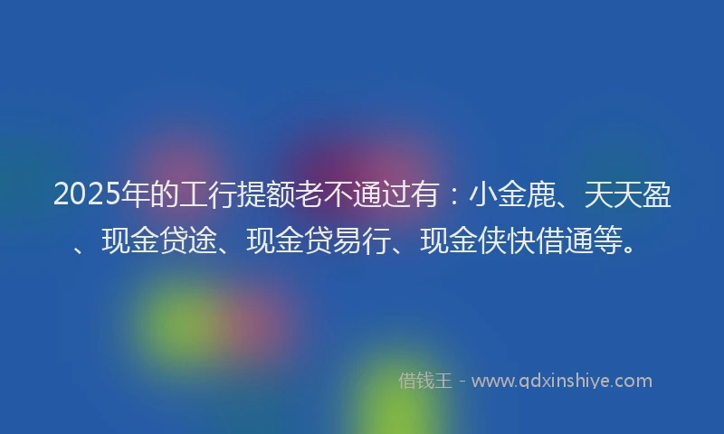 2025年的工行提额老不通过有：小金鹿、天天盈、现金贷途、现金贷易行、现金侠快借通等。