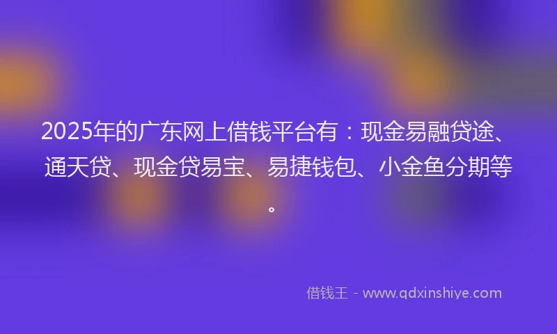 2025年的广东网上借钱平台有：现金易融贷途、通天贷、现金贷易宝、易捷钱包、小金鱼分期等。