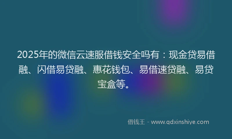 2025年的微信云速服借钱安全吗有：现金贷易借融、闪借易贷融、惠花钱包、易借速贷融、易贷宝盒等。