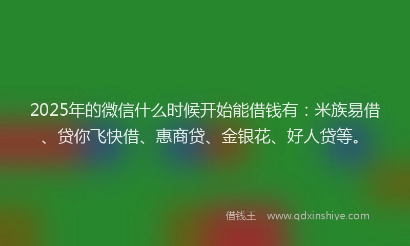 2025年的微信什么时候开始能借钱有：米族易借、贷你飞快借、惠商贷、金银花、好人贷等。