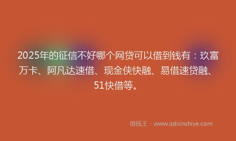 2025年的征信不好哪个网贷可以借到钱有：玖富万卡、阿凡达速借、现金侠快融、易借速贷融、51快借等。