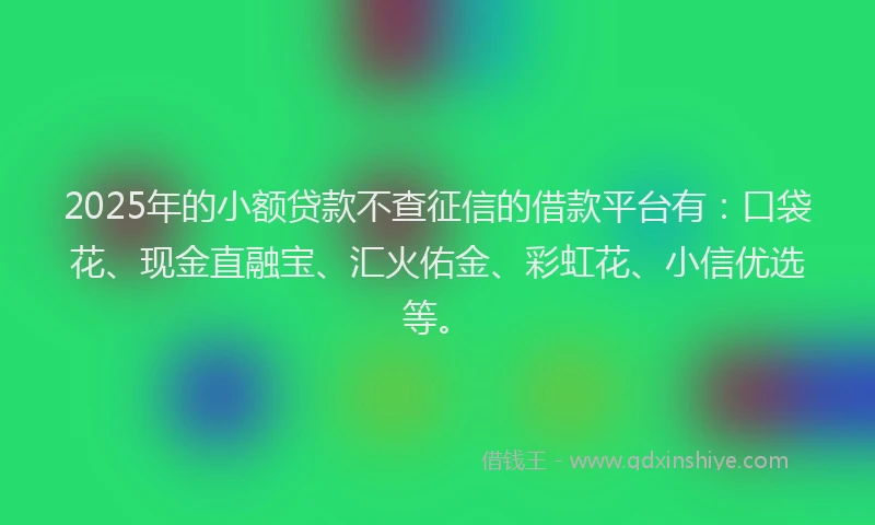 2025年的小额贷款不查征信的借款平台有：口袋花、现金直融宝、汇火佑金、彩虹花、小信优选等。