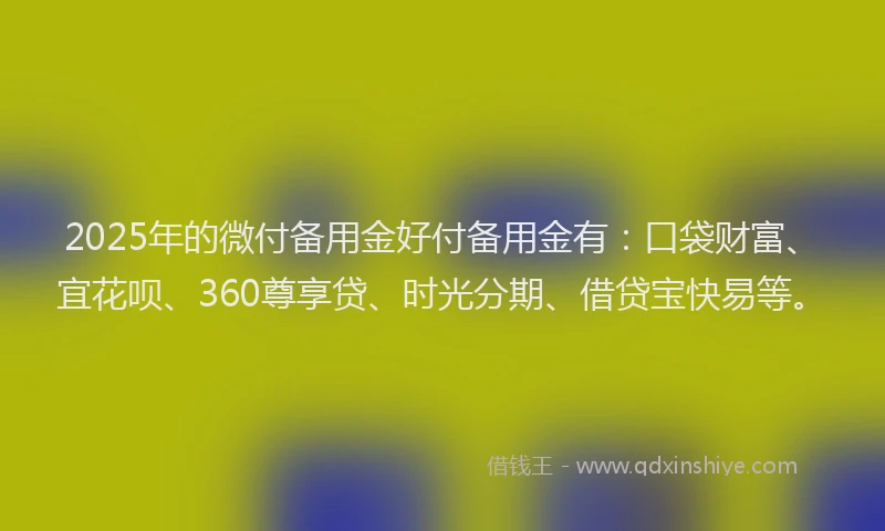 2025年的微付备用金好付备用金有：口袋财富、宜花呗、360尊享贷、时光分期、借贷宝快易等。