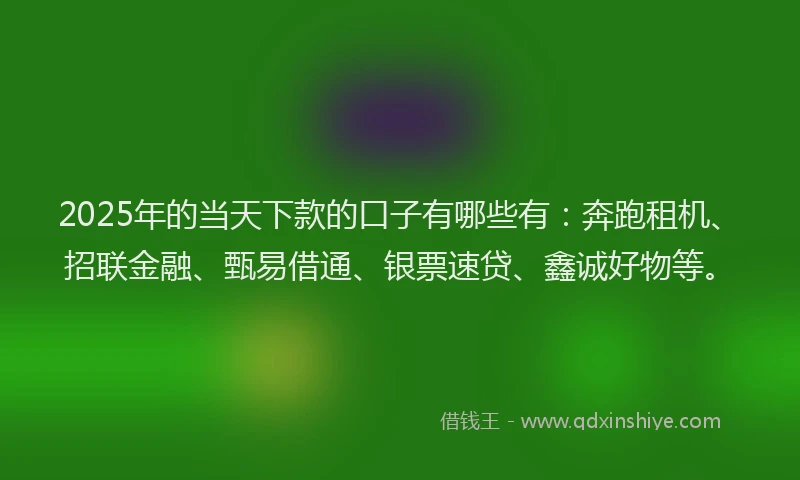 2025年的当天下款的口子有哪些有：奔跑租机、招联金融、甄易借通、银票速贷、鑫诚好物等。