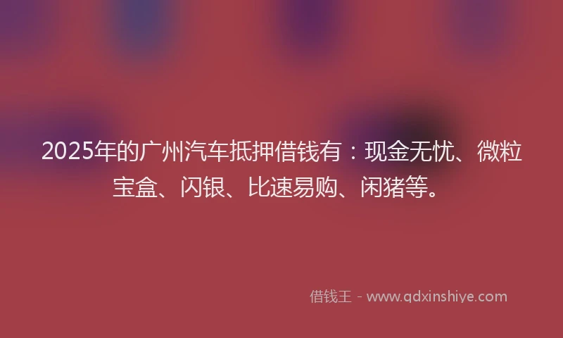 2025年的广州汽车抵押借钱有：现金无忧、微粒宝盒、闪银、比速易购、闲猪等。