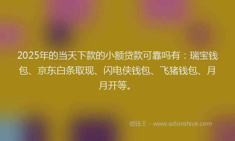 2025年的当天下款的小额贷款可靠吗有：瑞宝钱包、京东白条取现、闪电侠钱包、飞猪钱包、月月开等。