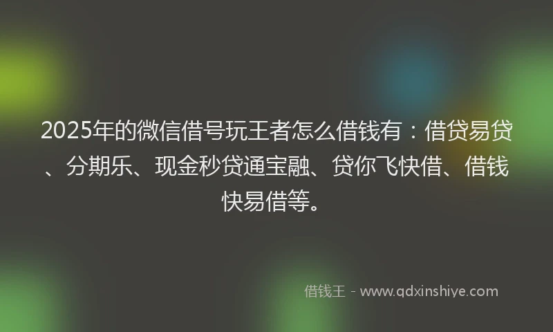 2025年的微信借号玩王者怎么借钱有：借贷易贷、分期乐、现金秒贷通宝融、贷你飞快借、借钱快易借等。
