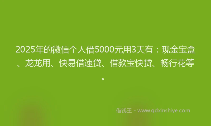 2025年的微信个人借5000元用3天有：现金宝盒、龙龙用、快易借速贷、借款宝快贷、畅行花等。