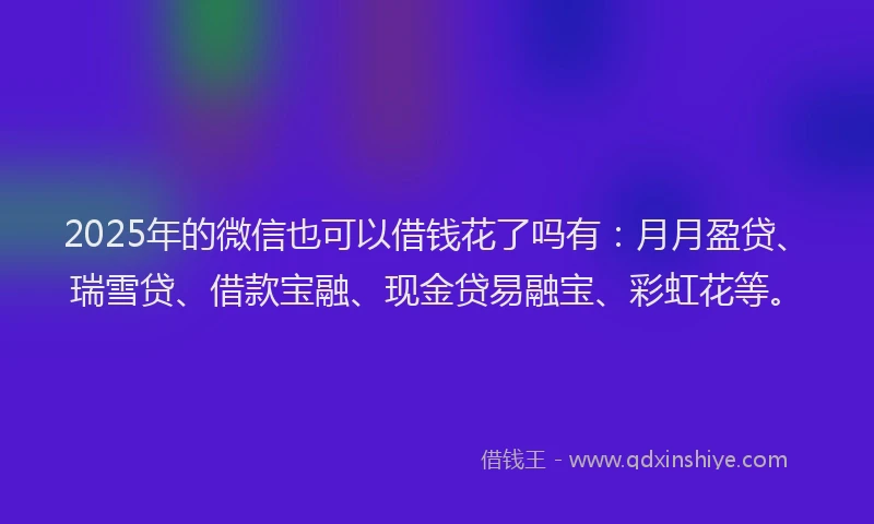 2025年的微信也可以借钱花了吗有：月月盈贷、瑞雪贷、借款宝融、现金贷易融宝、彩虹花等。