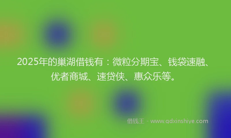 2025年的巢湖借钱有：微粒分期宝、钱袋速融、优者商城、速贷侠、惠众乐等。