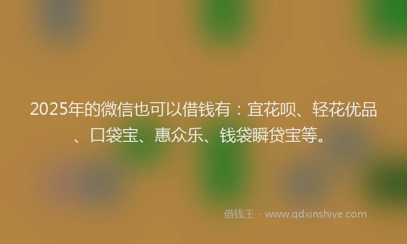 2025年的微信也可以借钱有：宜花呗、轻花优品、口袋宝、惠众乐、钱袋瞬贷宝等。