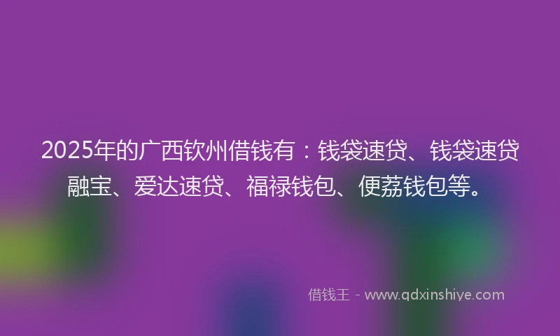 2025年的广西钦州借钱有：钱袋速贷、钱袋速贷融宝、爱达速贷、福禄钱包、便荔钱包等。