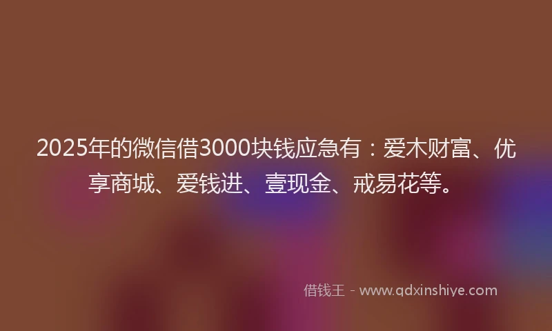 2025年的微信借3000块钱应急有：爱木财富、优享商城、爱钱进、壹现金、戒易花等。