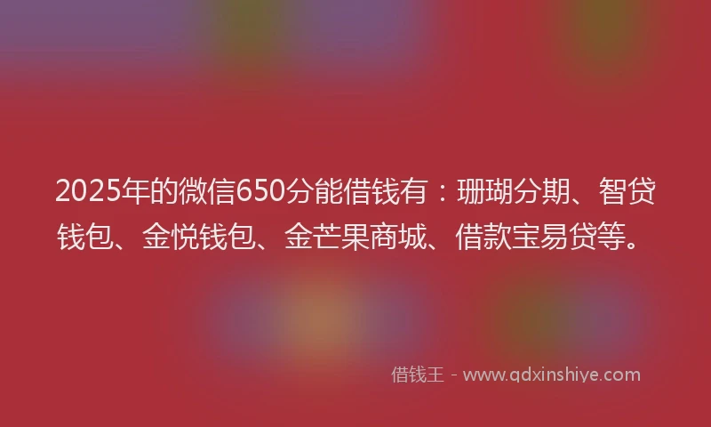 2025年的微信650分能借钱有：珊瑚分期、智贷钱包、金悦钱包、金芒果商城、借款宝易贷等。