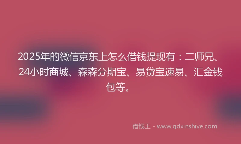 2025年的微信京东上怎么借钱提现有：二师兄、24小时商城、森森分期宝、易贷宝速易、汇金钱包等。