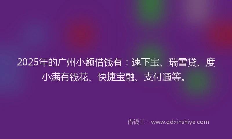 2025年的广州小额借钱有：速下宝、瑞雪贷、度小满有钱花、快捷宝融、支付通等。