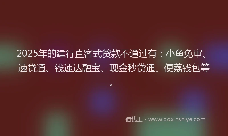 2025年的建行直客式贷款不通过有：小鱼免审、速贷通、钱速达融宝、现金秒贷通、便荔钱包等。