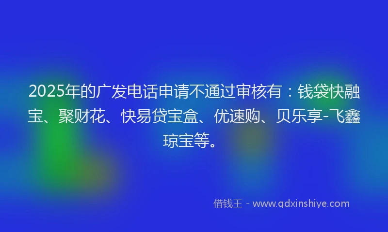 2025年的广发电话申请不通过审核有：钱袋快融宝、聚财花、快易贷宝盒、优速购、贝乐享-飞鑫琼宝等。