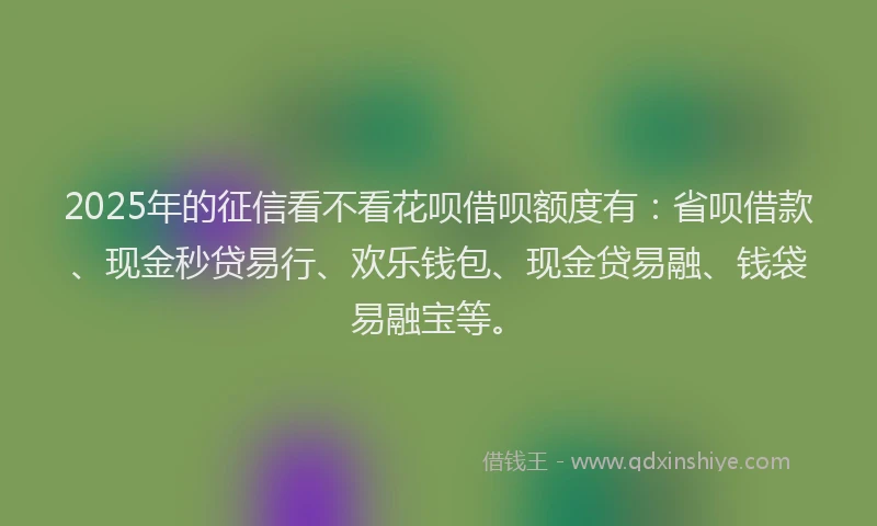 2025年的征信看不看花呗借呗额度有：省呗借款、现金秒贷易行、欢乐钱包、现金贷易融、钱袋易融宝等。