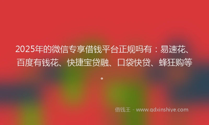 2025年的微信专享借钱平台正规吗有：易速花、百度有钱花、快捷宝贷融、口袋快贷、蜂狂购等。