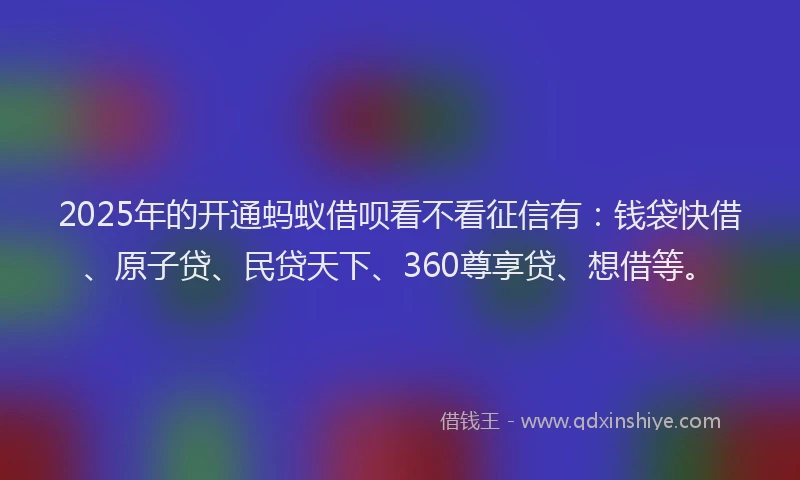 2025年的开通蚂蚁借呗看不看征信有：钱袋快借、原子贷、民贷天下、360尊享贷、想借等。