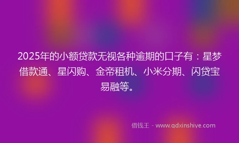 2025年的小额贷款无视各种逾期的口子有：星梦借款通、星闪购、金帝租机、小米分期、闪贷宝易融等。