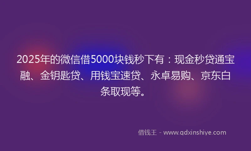 2025年的微信借5000块钱秒下有：现金秒贷通宝融、金钥匙贷、用钱宝速贷、永卓易购、京东白条取现等。
