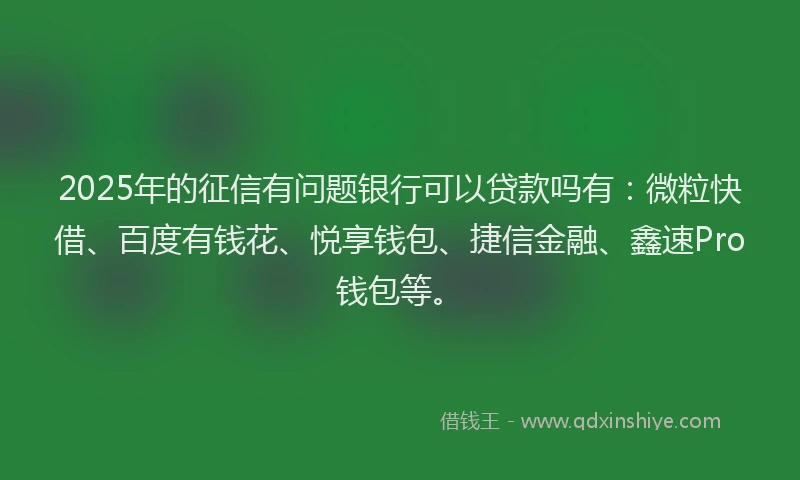2025年的征信有问题银行可以贷款吗有：微粒快借、百度有钱花、悦享钱包、捷信金融、鑫速Pro钱包等。