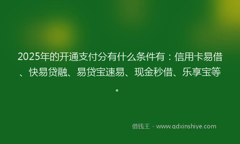 2025年的开通支付分有什么条件有：信用卡易借、快易贷融、易贷宝速易、现金秒借、乐享宝等。