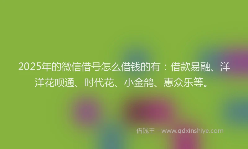 2025年的微信借号怎么借钱的有：借款易融、洋洋花呗通、时代花、小金鸽、惠众乐等。