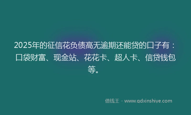 2025年的征信花负债高无逾期还能贷的口子有：口袋财富、现金站、花花卡、超人卡、信贷钱包等。