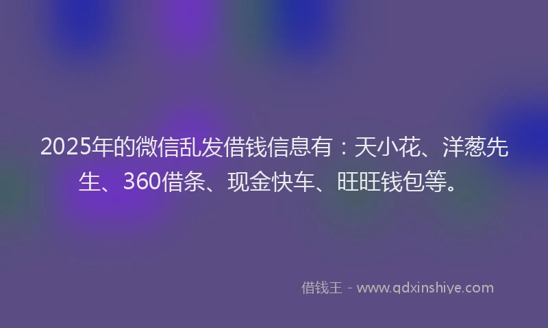 2025年的微信乱发借钱信息有：天小花、洋葱先生、360借条、现金快车、旺旺钱包等。