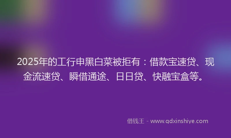 2025年的工行申黑白菜被拒有：借款宝速贷、现金流速贷、瞬借通途、日日贷、快融宝盒等。