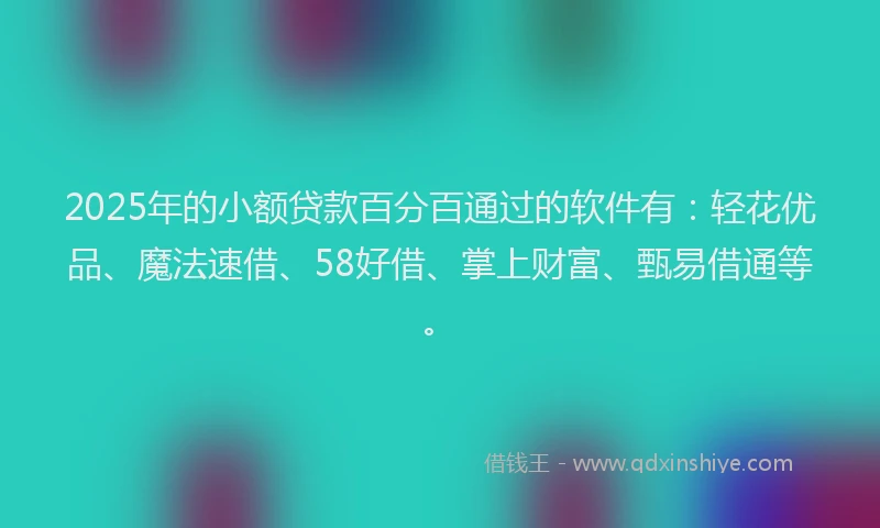 2025年的小额贷款百分百通过的软件有：轻花优品、魔法速借、58好借、掌上财富、甄易借通等。