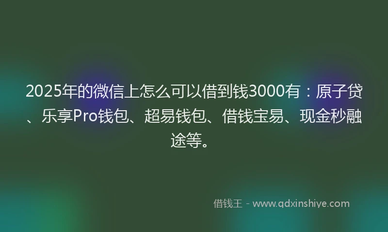 2025年的微信上怎么可以借到钱3000有：原子贷、乐享Pro钱包、超易钱包、借钱宝易、现金秒融途等。