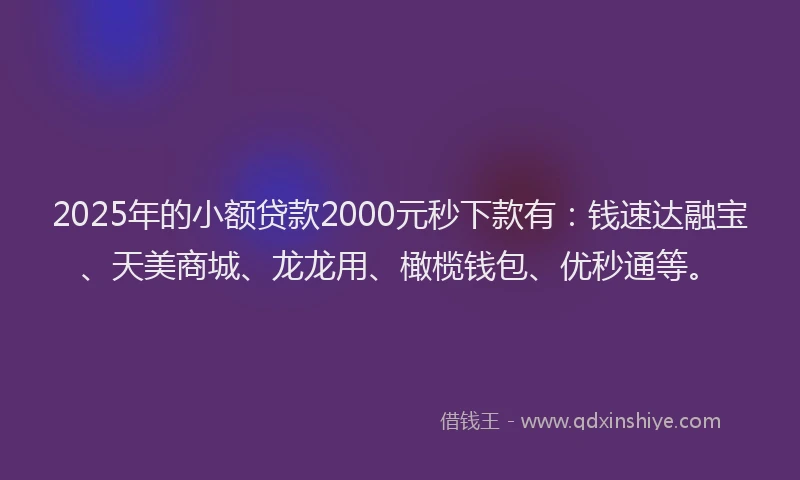 2025年的小额贷款2000元秒下款有：钱速达融宝、天美商城、龙龙用、橄榄钱包、优秒通等。