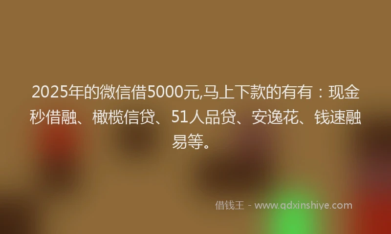 2025年的微信借5000元,马上下款的有有：现金秒借融、橄榄信贷、51人品贷、安逸花、钱速融易等。