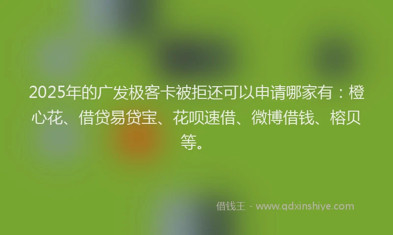 2025年的广发极客卡被拒还可以申请哪家有：橙心花、借贷易贷宝、花呗速借、微博借钱、榕贝等。