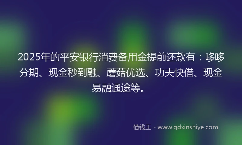 2025年的平安银行消费备用金提前还款有：哆哆分期、现金秒到融、蘑菇优选、功夫快借、现金易融通途等。