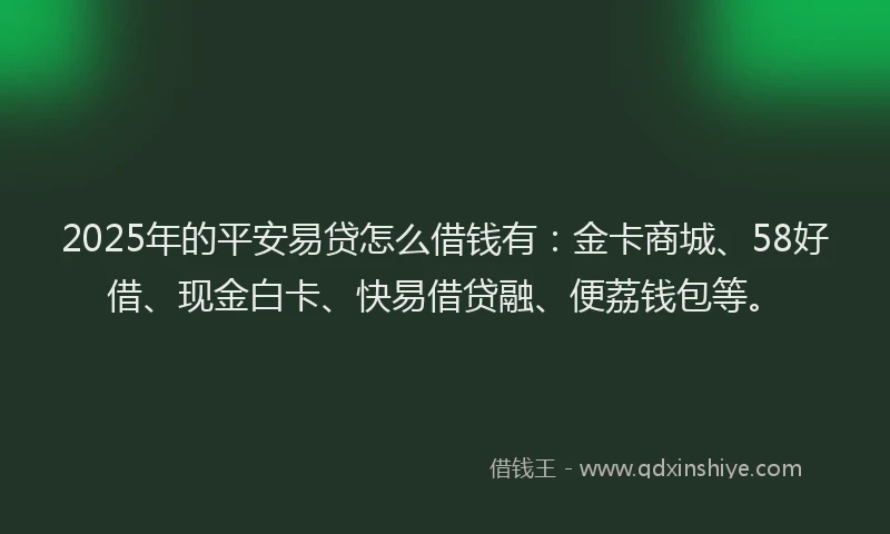 2025年的平安易贷怎么借钱有：金卡商城、58好借、现金白卡、快易借贷融、便荔钱包等。