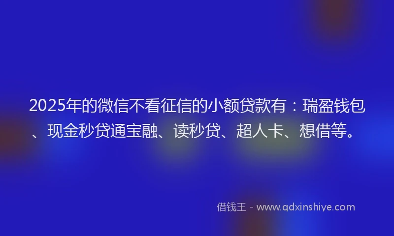 2025年的微信不看征信的小额贷款有：瑞盈钱包、现金秒贷通宝融、读秒贷、超人卡、想借等。
