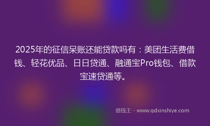 2025年的征信呆账还能贷款吗有：美团生活费借钱、轻花优品、日日贷通、融通宝Pro钱包、借款宝速贷通等。