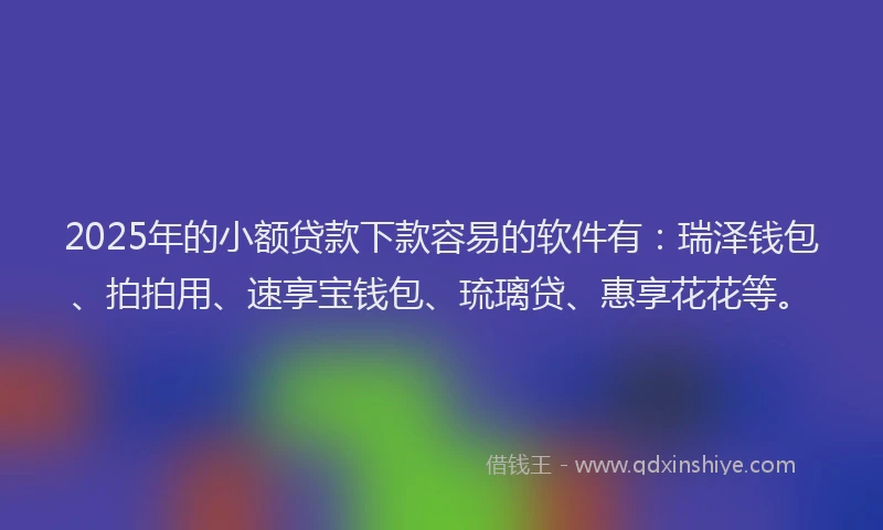 2025年的小额贷款下款容易的软件有：瑞泽钱包、拍拍用、速享宝钱包、琉璃贷、惠享花花等。