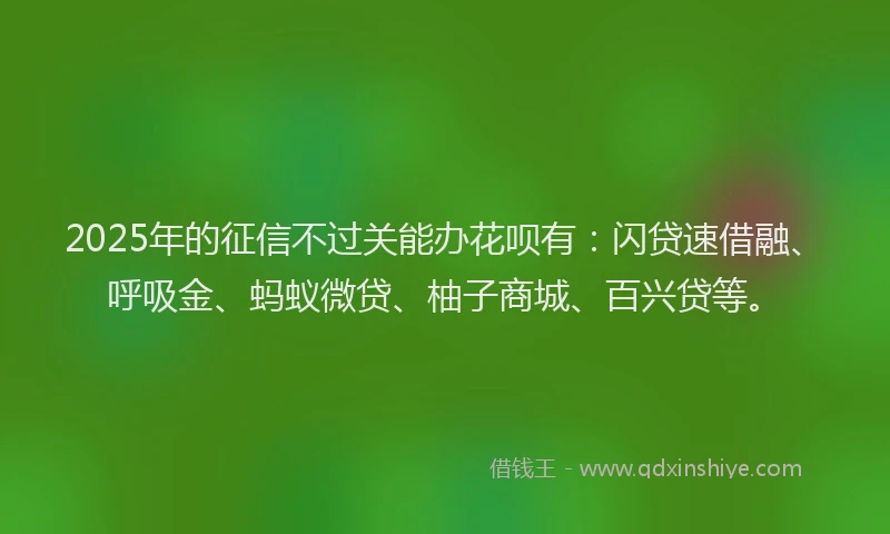 2025年的征信不过关能办花呗有：闪贷速借融、呼吸金、蚂蚁微贷、柚子商城、百兴贷等。