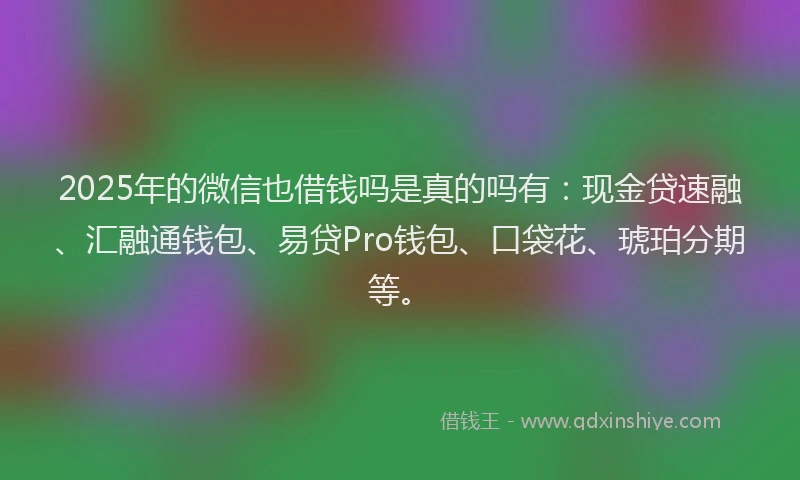 2025年的微信也借钱吗是真的吗有：现金贷速融、汇融通钱包、易贷Pro钱包、口袋花、琥珀分期等。