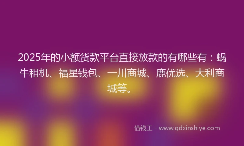 2025年的小额货款平台直接放款的有哪些有：蜗牛租机、福星钱包、一川商城、鹿优选、大利商城等。