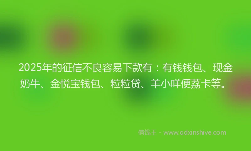 2025年的征信不良容易下款有：有钱钱包、现金奶牛、金悦宝钱包、粒粒贷、羊小咩便荔卡等。