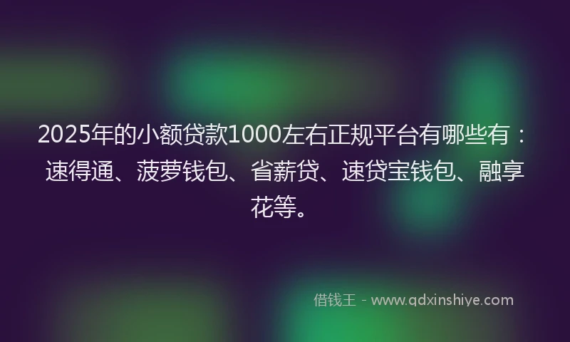 2025年的小额贷款1000左右正规平台有哪些有：速得通、菠萝钱包、省薪贷、速贷宝钱包、融享花等。