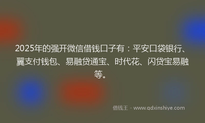 2025年的强开微信借钱口子有：平安口袋银行、翼支付钱包、易融贷通宝、时代花、闪贷宝易融等。