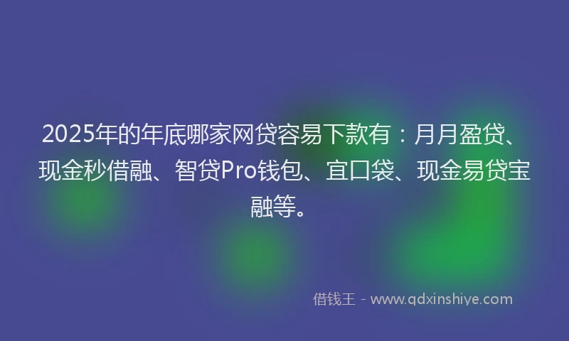 2025年的年底哪家网贷容易下款有：月月盈贷、现金秒借融、智贷Pro钱包、宜口袋、现金易贷宝融等。